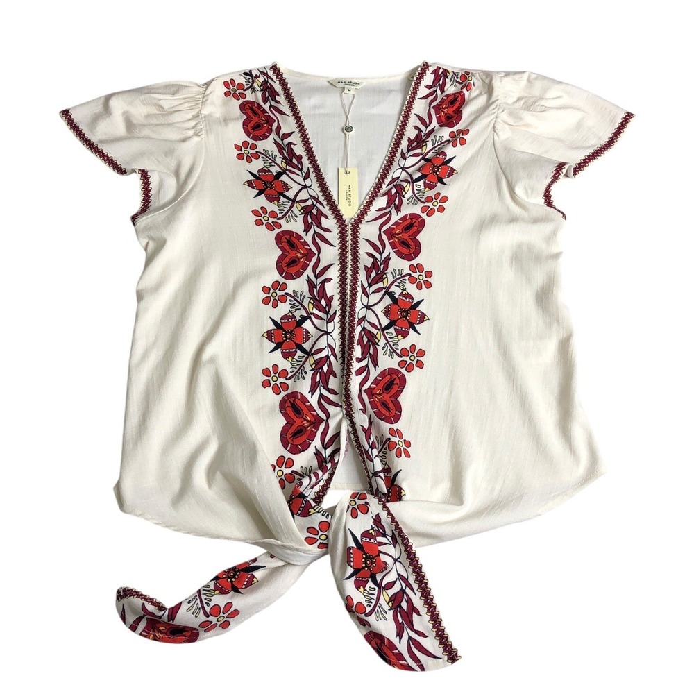 Max Studio London Top Womens M Floral Print Tie Front Boho Folk Flutter NWT $195